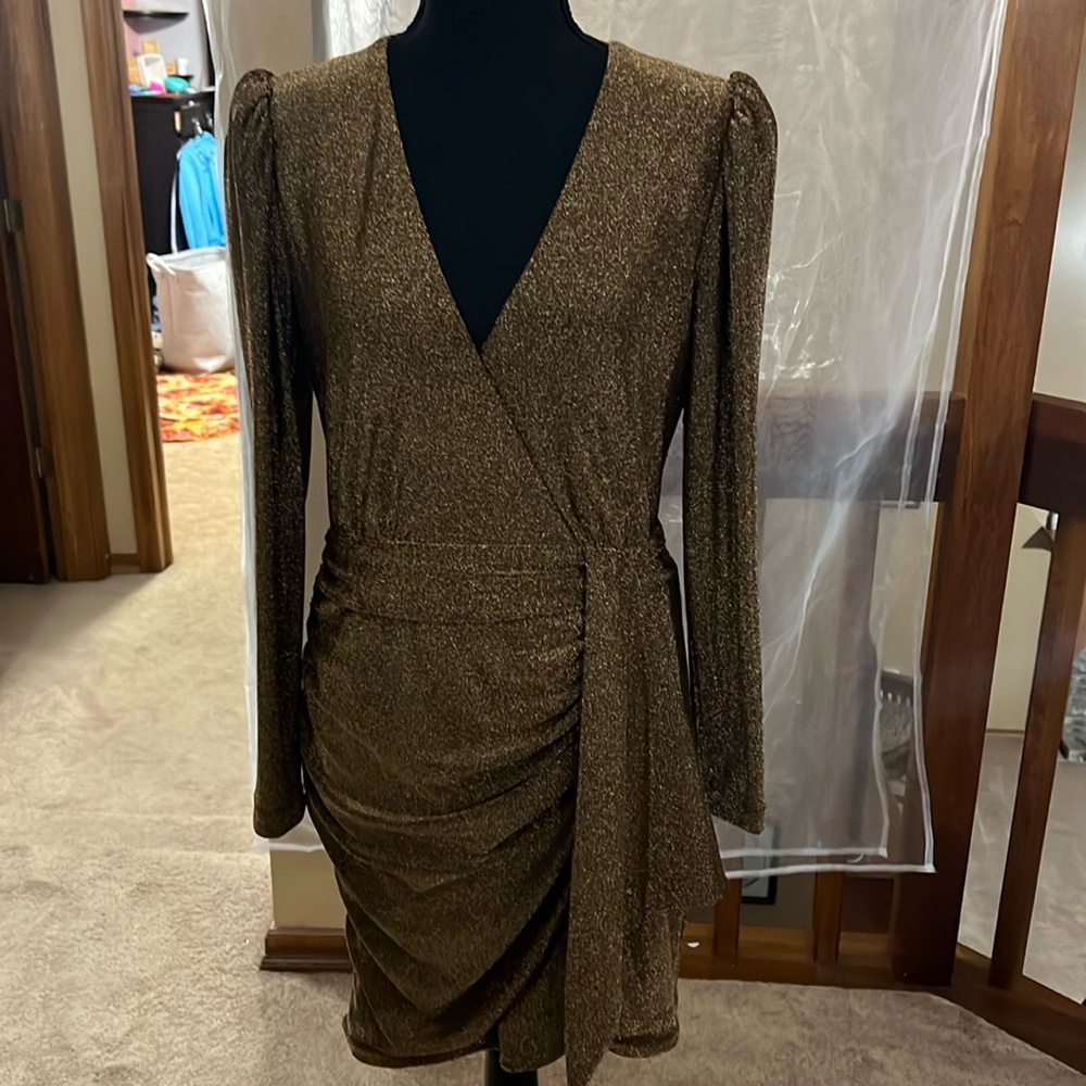 Gold cocktail dress, long sleeved, size 8